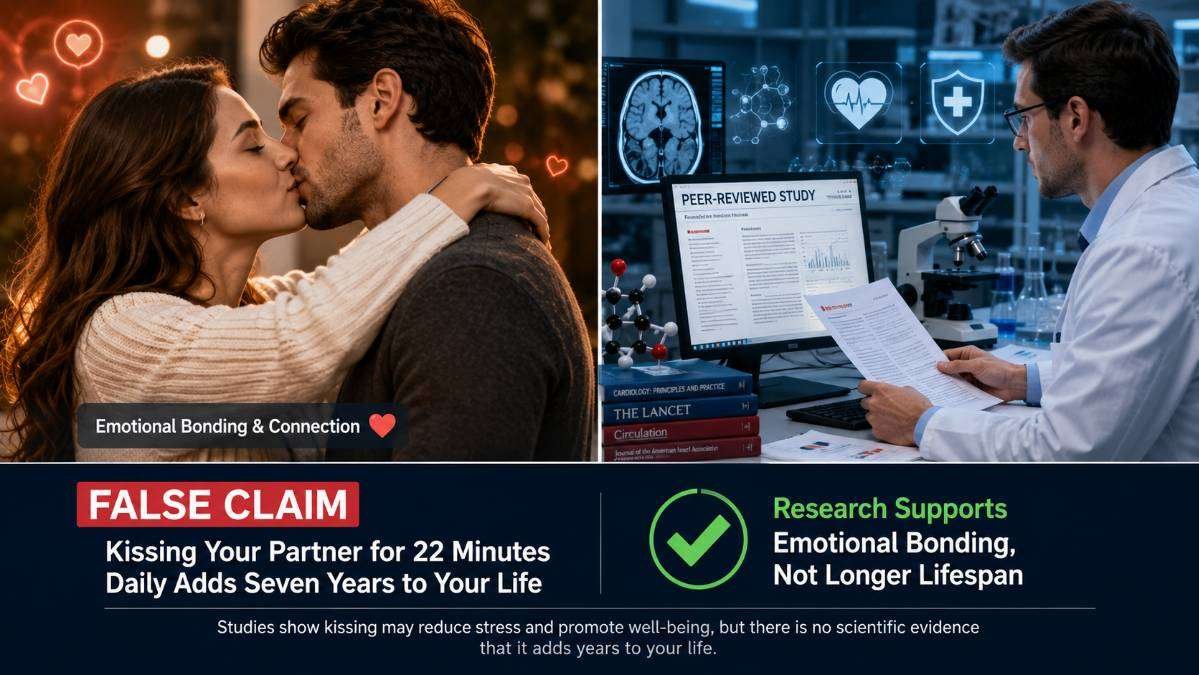 Split-screen illustration comparing a romantic couple with scientific research explaining that kissing supports emotional bonding but has not been proven to extend lifespan.