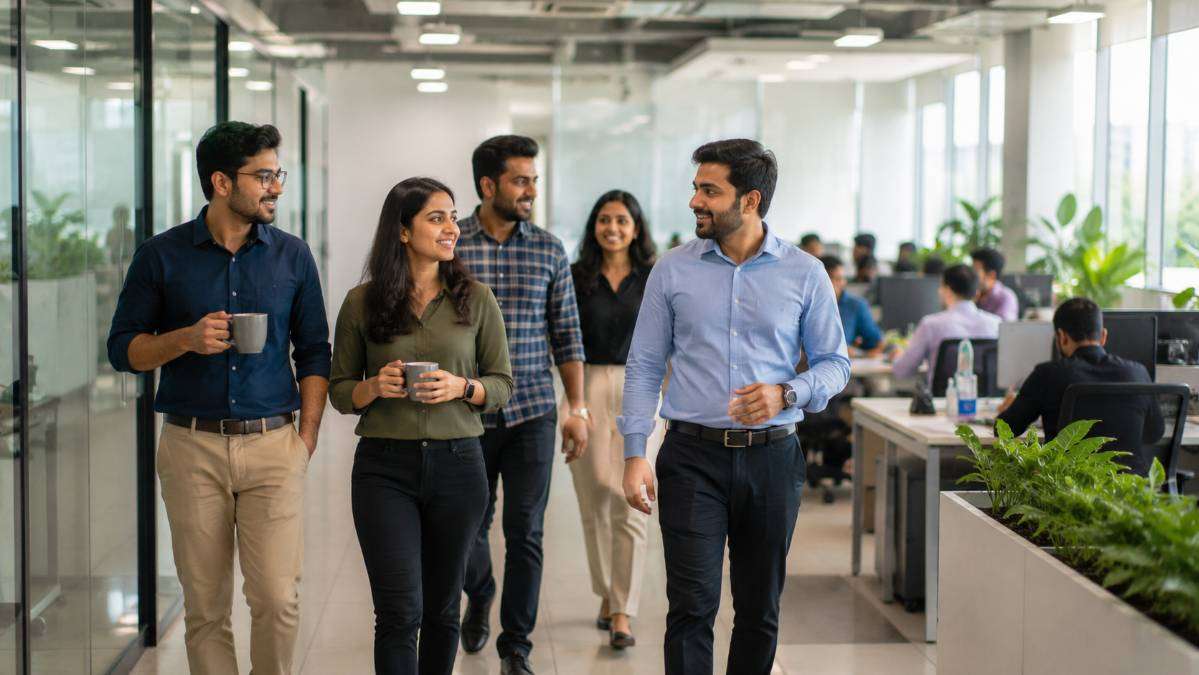 Office employees taking a short walking break to interrupt prolonged sitting