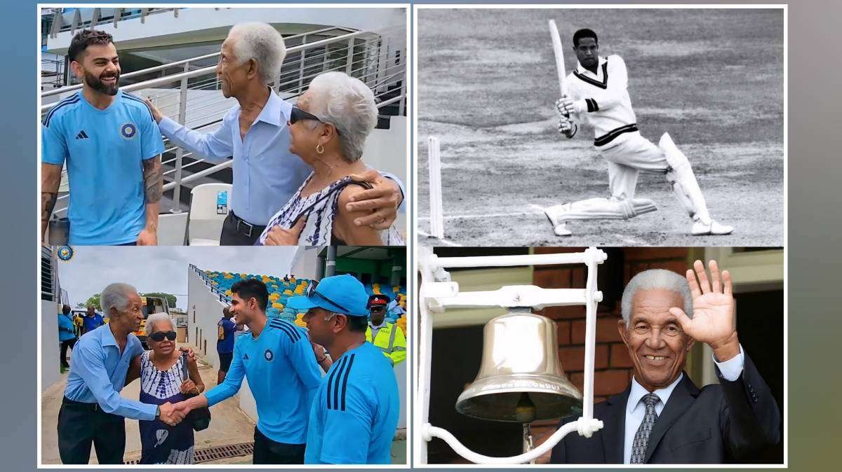 Sir Garfield Sobers throughout his cricket journey, featuring historic batting action, meeting Indian cricketers Virat Kohli and Shubman Gill, and waving beside the Lord's Cricket Ground bell, celebrating the legendary West Indies all-rounder's enduring legacy.