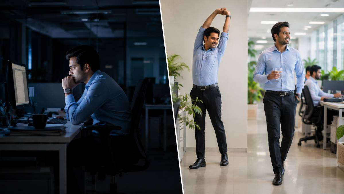 Visual comparison of prolonged desk sitting and regular movement during office work