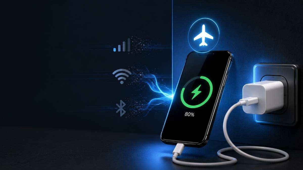 Modern Android smartphone connected to a USB-C fast charger with the battery charging at 80% and Airplane Mode enabled. Wireless signal icons fade in the background while blue energy flows into the battery, creating a premium editorial technology concept about smartphone charging guidance.