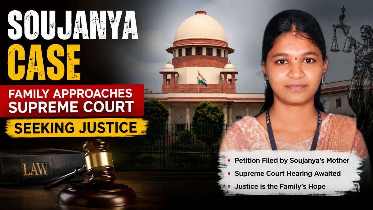 the Supreme Court of India with an illustration representing the Soujanya case and highlighting that the victim's family has approached the Supreme Court seeking justice.