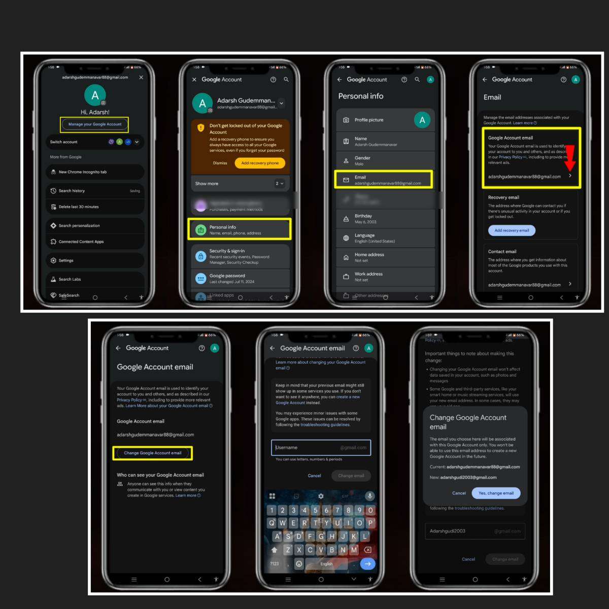 Collage showing the complete step-by-step process to change a Google Account email address, including Google Account settings, Personal Info, Email section, Change Google Account Email option, entering a new Gmail username, and confirming the email change.