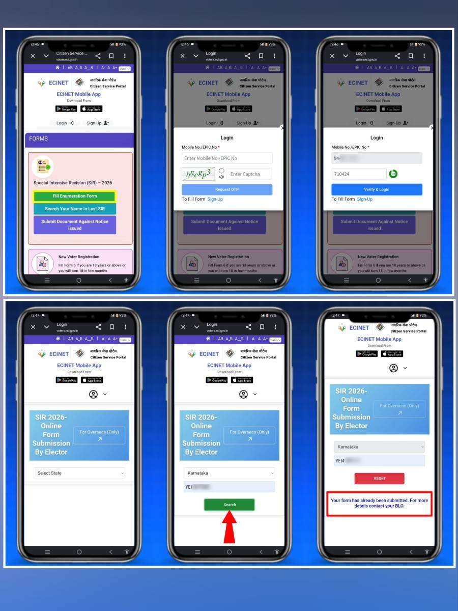 Step-by-step screenshots of the official Election Commission of India (ECI) Citizen Service Portal showing how to verify whether a Booth Level Officer (BLO) has submitted the SIR 2026 Enumeration Form using the EPIC number, from login to confirmation status.