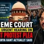 Supreme Court of India with Chief Justice Surya Kant addressing the media, alongside a headline about the court declining an urgent hearing on a student protest plea, with protesters in the background.