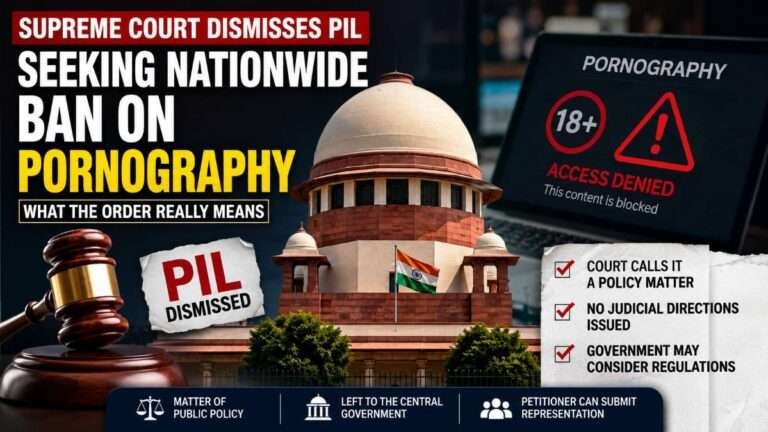 Supreme Court of India building, a judge's gavel, and a digital warning screen representing online pornography regulations, illustrating the Supreme Court's dismissal of a PIL seeking a nationwide ban while emphasizing that the issue is a matter of government policy.