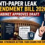 Union Cabinet's approval of the Anti-Paper Leak Amendment Bill 2026, highlighting the proposed penalties of up to 10 years' imprisonment and a ₹10 crore fine for serious public examination fraud, with the Parliament building, examination-related visuals, and legal symbols.