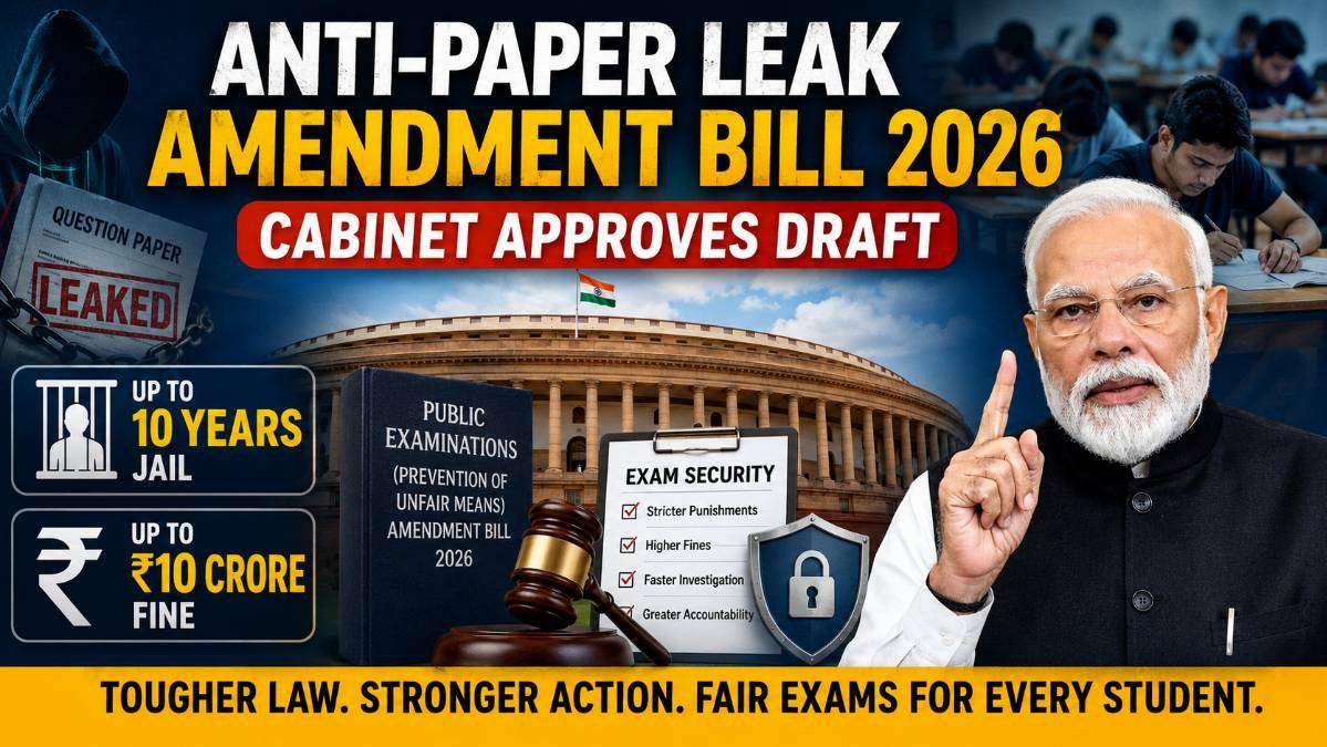 Union Cabinet's approval of the Anti-Paper Leak Amendment Bill 2026, highlighting the proposed penalties of up to 10 years' imprisonment and a ₹10 crore fine for serious public examination fraud, with the Parliament building, examination-related visuals, and legal symbols.