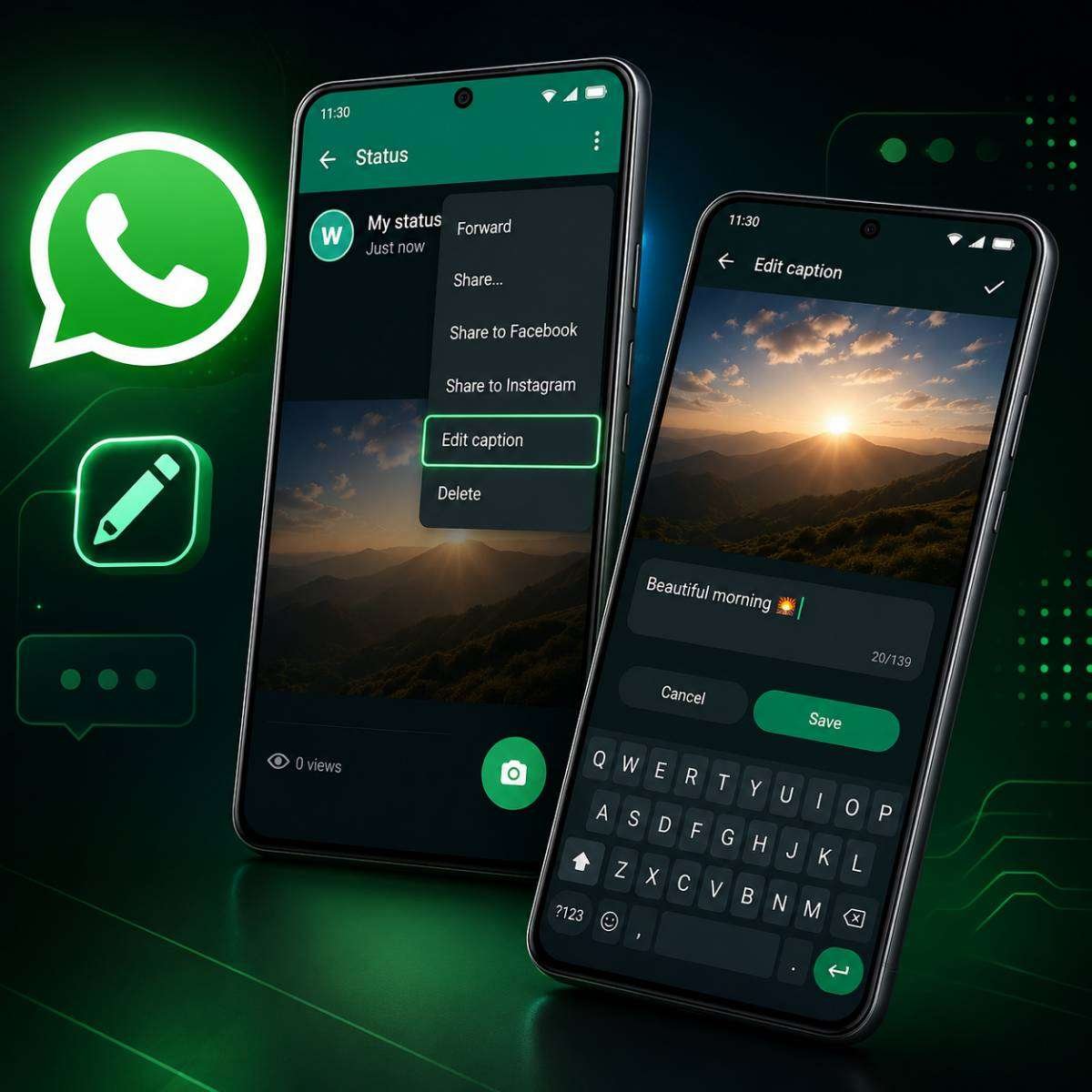 Premium illustration showing WhatsApp's new Status Caption Edit feature with modern Android smartphones displaying the status editing interface, highlighted Edit Caption option, and a futuristic green technology-themed background.