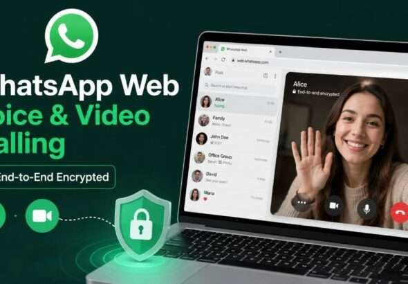 WhatsApp Web voice and video calling feature with end-to-end encryption displayed on a laptop browser alongside secure communication icons.