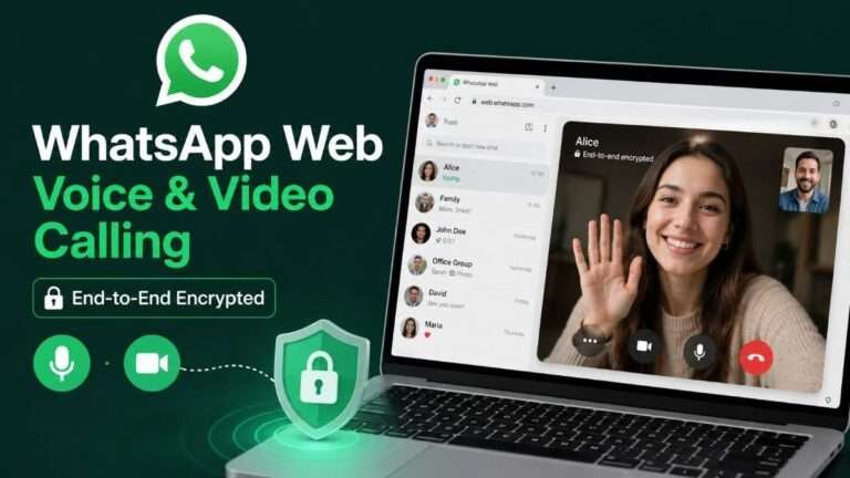 WhatsApp Web voice and video calling feature with end-to-end encryption displayed on a laptop browser alongside secure communication icons.
