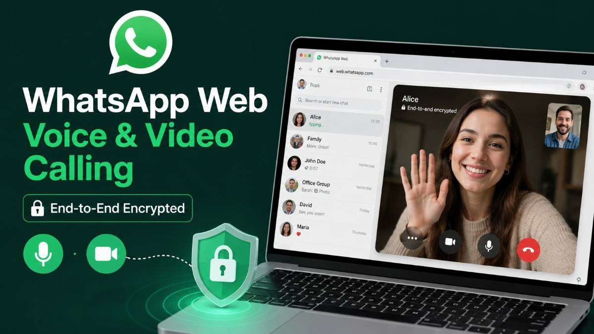 WhatsApp Web voice and video calling feature with end-to-end encryption displayed on a laptop browser alongside secure communication icons.