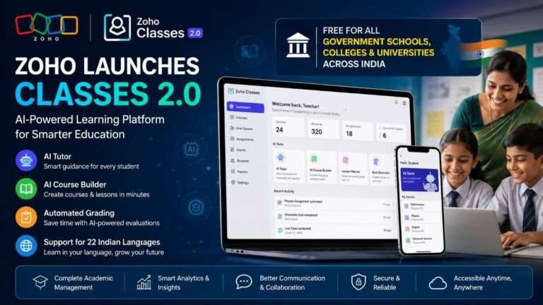 Zoho Classes 2.0 AI-powered Learning Management System (LMS), showcasing AI Tutor, AI Course Builder, automated grading, multilingual support, and free access for government schools, colleges, and universities across India.