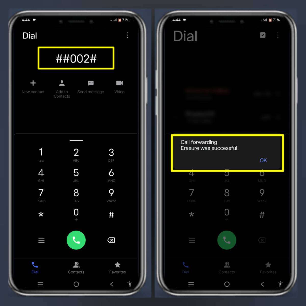 AI-generated illustration by RAAD WORLD showing how to disable call forwarding using the ##002# USSD code and confirmation message on an Android smartphone.