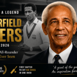 Sir Garfield Sobers featuring his portrait and batting action, honoring the legendary West Indies cricketer after his passing at the age of 89, highlighting his iconic cricket legacy and achievements.