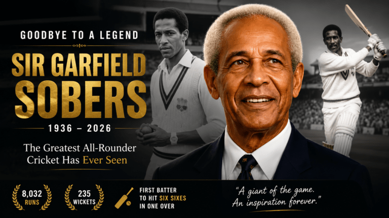 Sir Garfield Sobers featuring his portrait and batting action, honoring the legendary West Indies cricketer after his passing at the age of 89, highlighting his iconic cricket legacy and achievements.