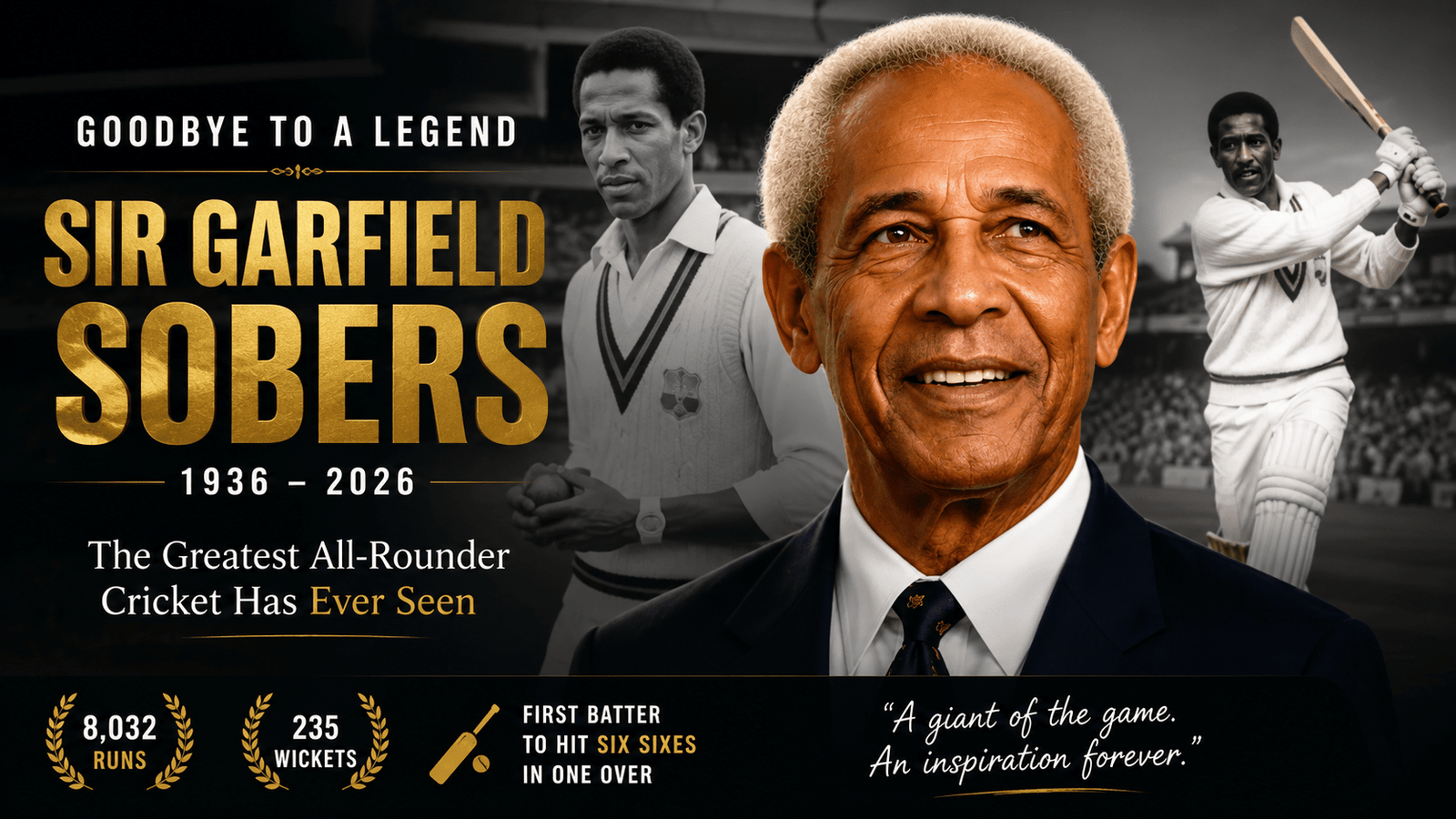 Sir Garfield Sobers featuring his portrait and batting action, honoring the legendary West Indies cricketer after his passing at the age of 89, highlighting his iconic cricket legacy and achievements.