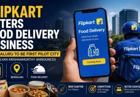 Flipkart delivery rider, a smartphone displaying the Flipkart Food Delivery interface, and food delivery containers, illustrating Flipkart's announced entry into the online food delivery business with Bengaluru as the first pilot city.