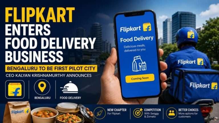 Flipkart delivery rider, a smartphone displaying the Flipkart Food Delivery interface, and food delivery containers, illustrating Flipkart's announced entry into the online food delivery business with Bengaluru as the first pilot city.