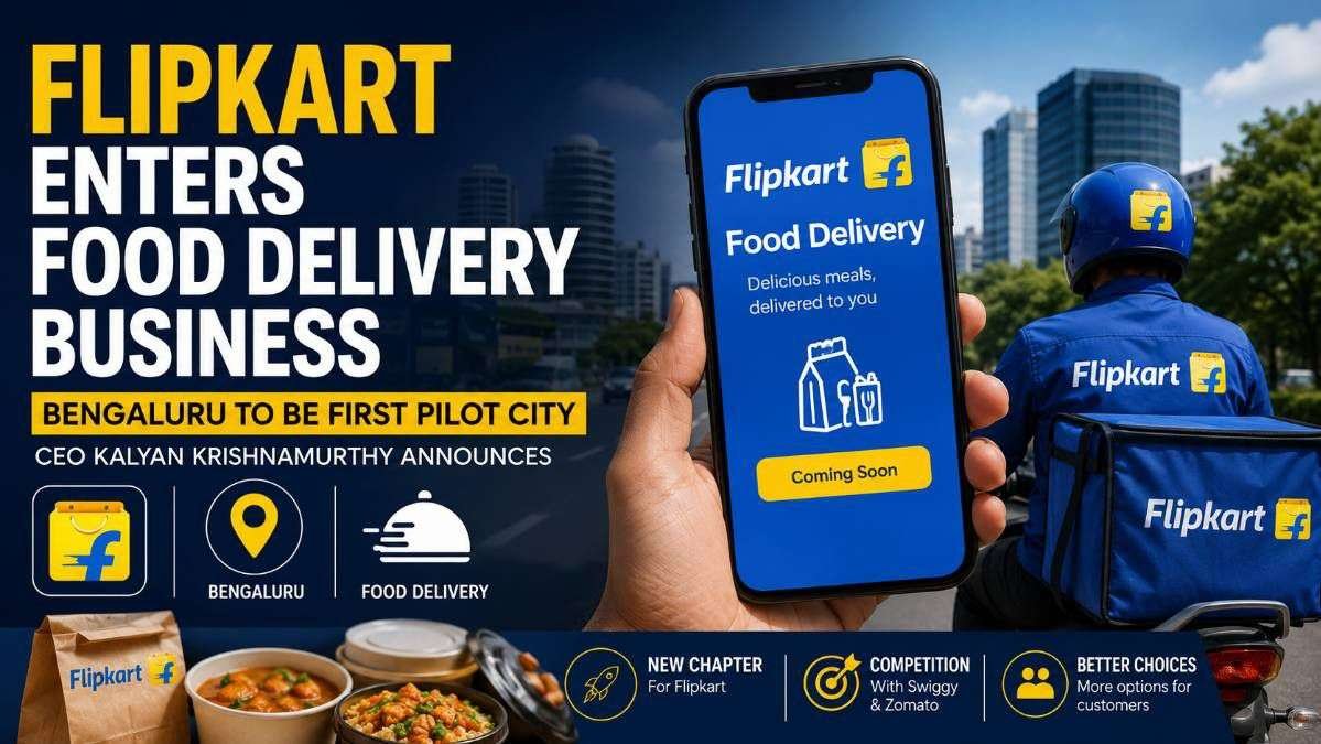 Flipkart delivery rider, a smartphone displaying the Flipkart Food Delivery interface, and food delivery containers, illustrating Flipkart's announced entry into the online food delivery business with Bengaluru as the first pilot city.
