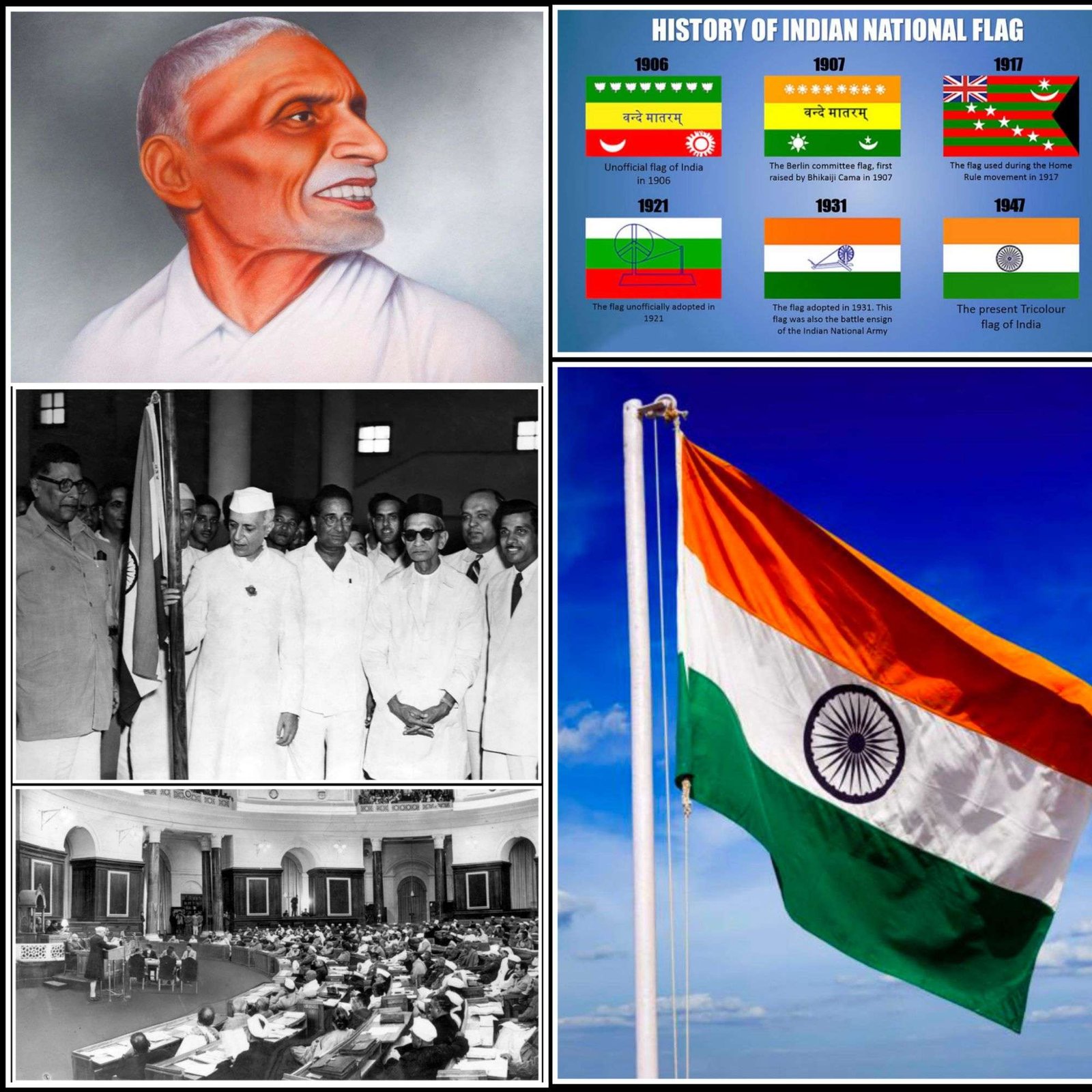 Collage showing the history of India's National Flag, featuring Pingali Venkayya, the evolution of the Indian flag from 1906 to 1947, the Constituent Assembly, Jawaharlal Nehru with the Tiranga, and the modern Indian National Flag.