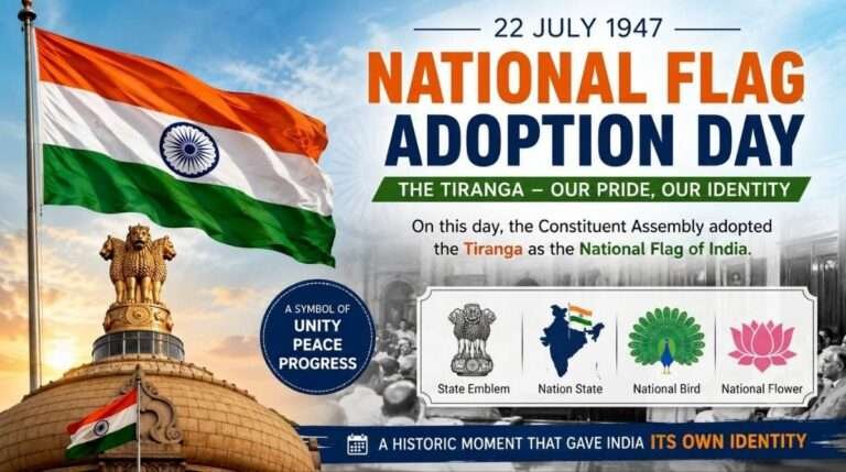 The Indian National Flag (Tiranga) waving proudly with the Ashoka Chakra, the Lion Capital of Ashoka, and the historic Constituent Assembly meeting on July 22, 1947, commemorating the adoption of India's National Flag.
