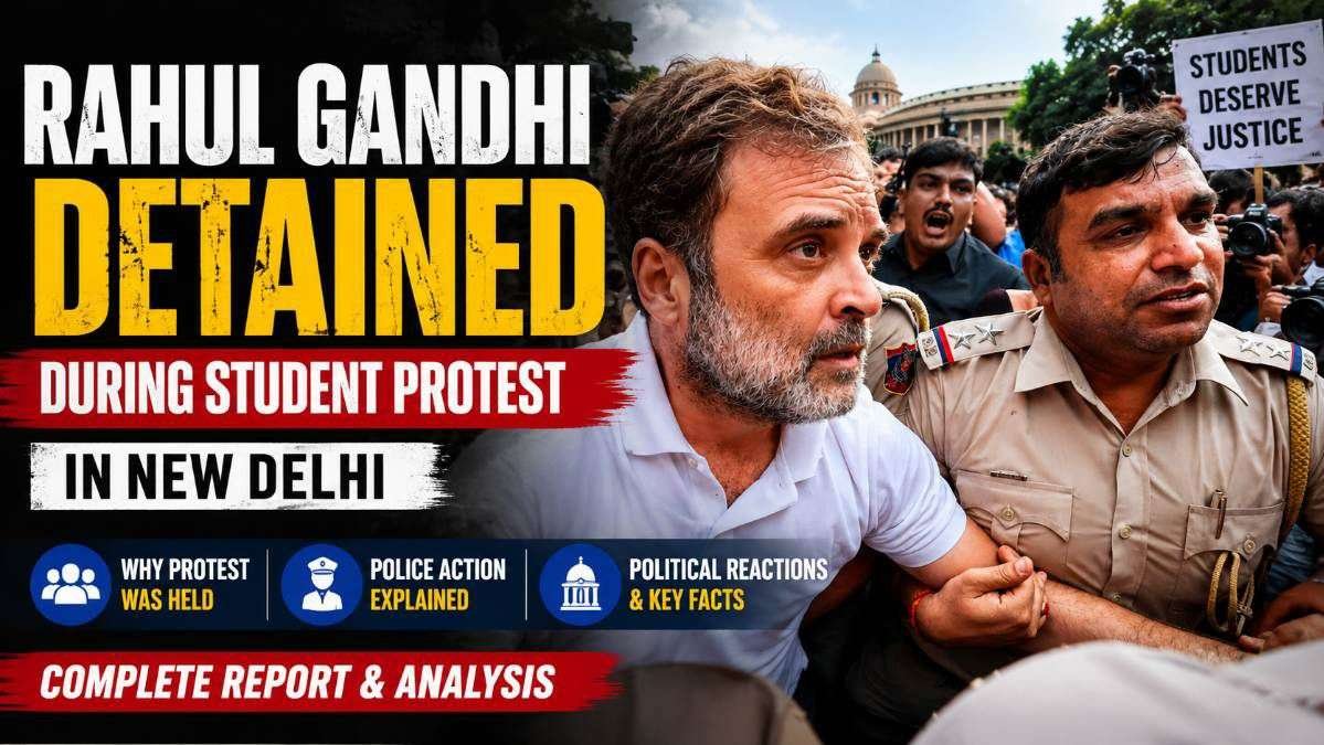 Rahul Gandhi being escorted by Delhi Police during a Congress-led student protest in New Delhi, with supporters and media gathered around the scene.