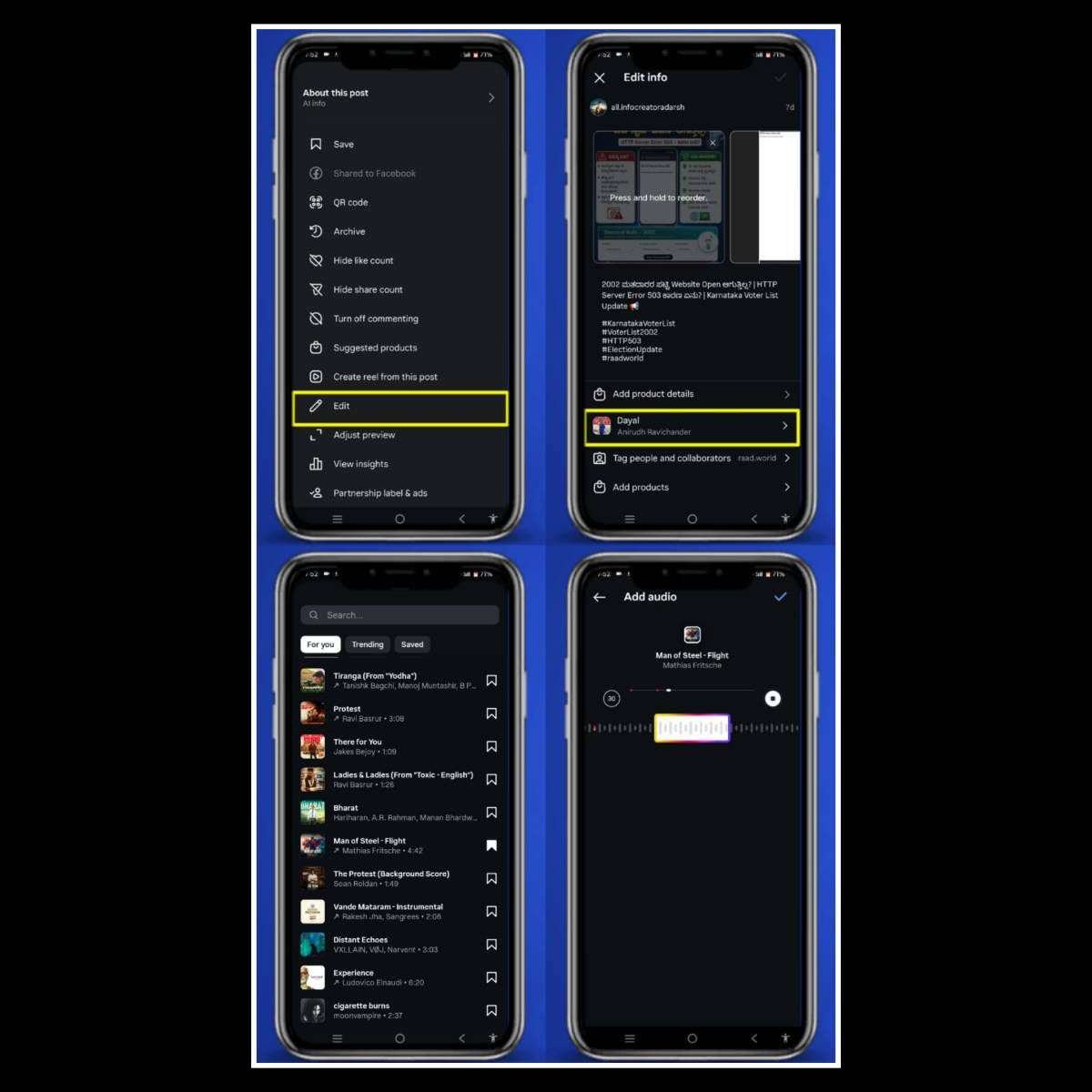 Collage showing the step-by-step process to change audio on a published Instagram post by opening the Edit menu, selecting a new song from Instagram's music library, and saving the updated audio without deleting the post.