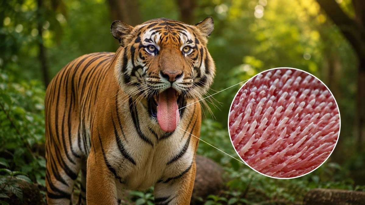 Bengal tiger displaying its rough tongue with a magnified view of keratin-covered filiform papillae used for scraping meat and grooming.