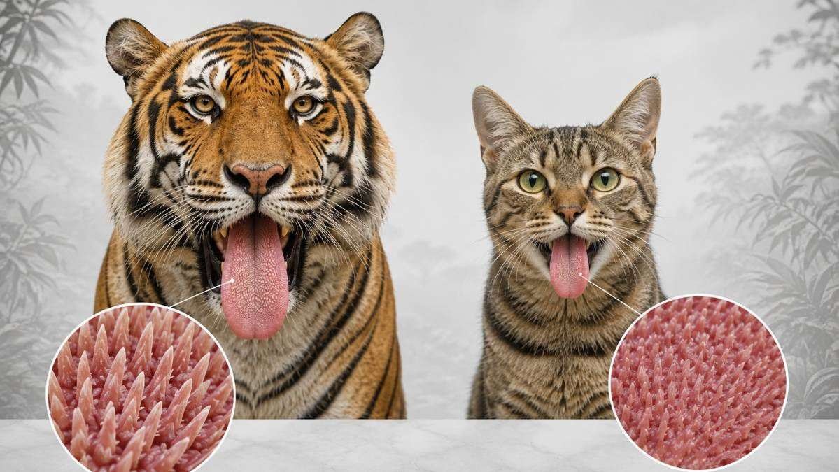 Comparison of a Bengal tiger's tongue and a domestic cat's tongue showing enlarged keratinized papillae for feeding and grooming.