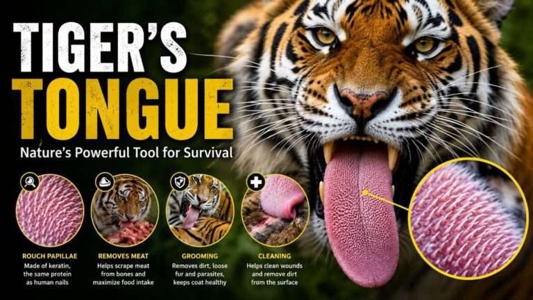 Close-up of a Bengal tiger showing its rough tongue with a magnified view of keratin-covered filiform papillae that help scrape meat from bones, groom fur, and support survival in the wild.