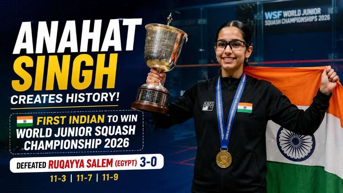 Anahat Singh celebrates after becoming the first Indian to win the 2026 World Junior Squash Championship, holding the championship trophy with the Indian flag following her historic victory over Ruqayya Salem.