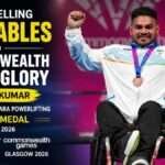 Jhandu Kumar celebrates after winning the bronze medal in the Men's Heavyweight Para Powerlifting event at the Commonwealth Games 2026 in Glasgow. The featured image highlights his inspiring journey from selling vegetables in Bihar to becoming a Commonwealth Games medallist for India.