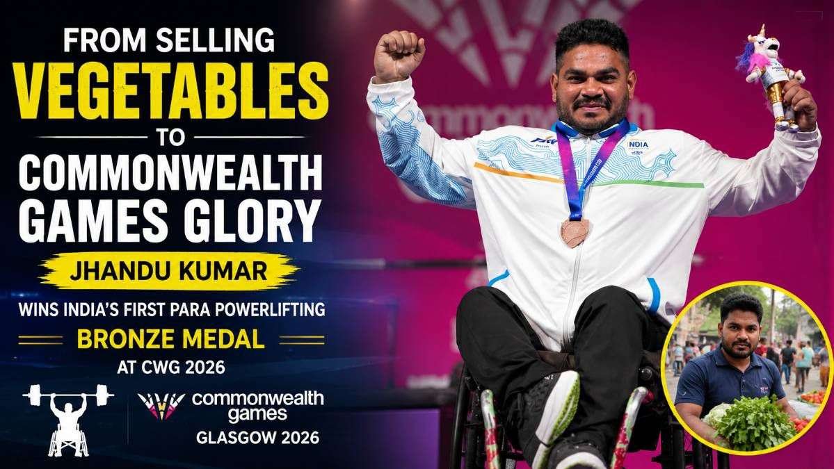 Jhandu Kumar celebrates after winning the bronze medal in the Men's Heavyweight Para Powerlifting event at the Commonwealth Games 2026 in Glasgow. The featured image highlights his inspiring journey from selling vegetables in Bihar to becoming a Commonwealth Games medallist for India.