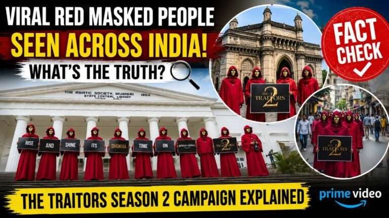 image showing red-robed masked figures at public locations in India, revealing they are part of Prime Video's The Traitors Season 2 promotional campaign and not a mysterious incident.