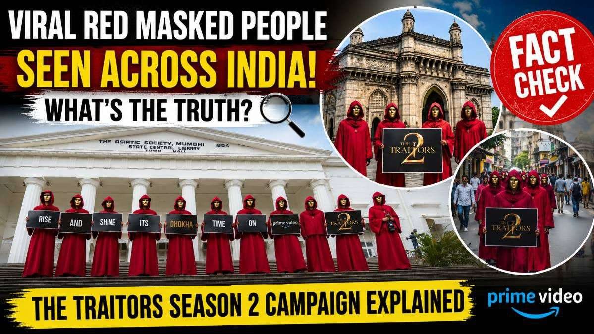 image showing red-robed masked figures at public locations in India, revealing they are part of Prime Video's The Traitors Season 2 promotional campaign and not a mysterious incident.