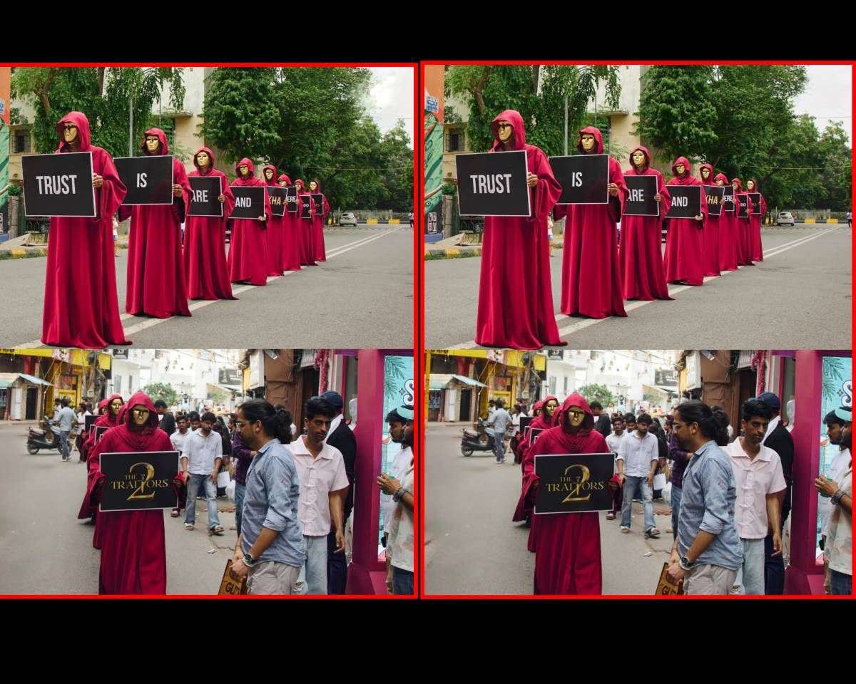 Collage showing red-robed masked performers holding placards reading "Trust Is Rare" and "The Traitors 2" during Prime Video's official promotional campaign in India, featured in a fact-check article.
