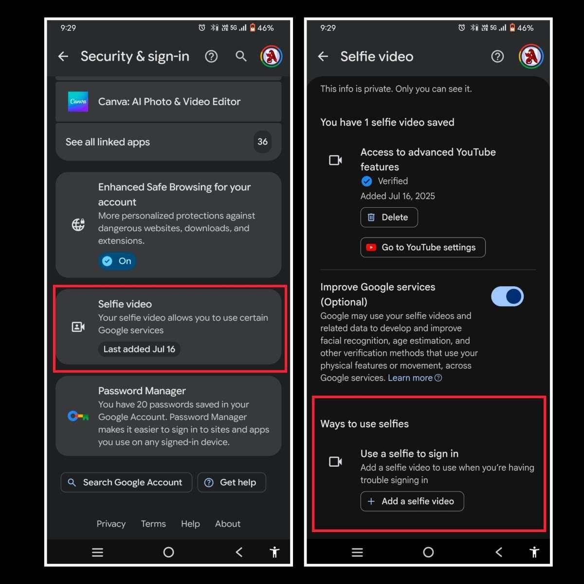 Google Account Security settings showing the new Selfie Video feature, allowing users to add, manage, or delete a selfie video for secure sign-in and account recovery verification