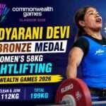Bindyarani Devi celebrates after winning the bronze medal in the Women's 58kg weightlifting event at the Commonwealth Games 2026, with a total lift of 199kg (87kg Snatch and 112kg Clean & Jerk).