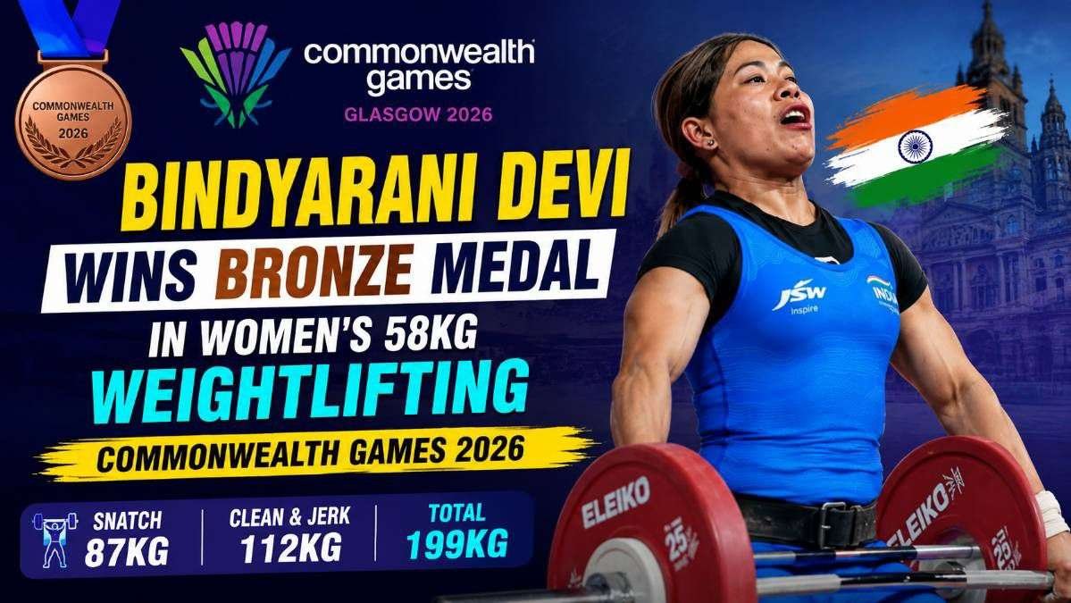 Bindyarani Devi celebrates after winning the bronze medal in the Women's 58kg weightlifting event at the Commonwealth Games 2026, with a total lift of 199kg (87kg Snatch and 112kg Clean & Jerk).