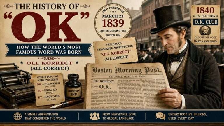 A vintage-style illustration showing a newspaper editor reading the Boston Morning Post in 1839, highlighting the first recorded use of the word "OK" as the abbreviation for "Oll Korrect" (All Correct), with historical printing press elements in the background