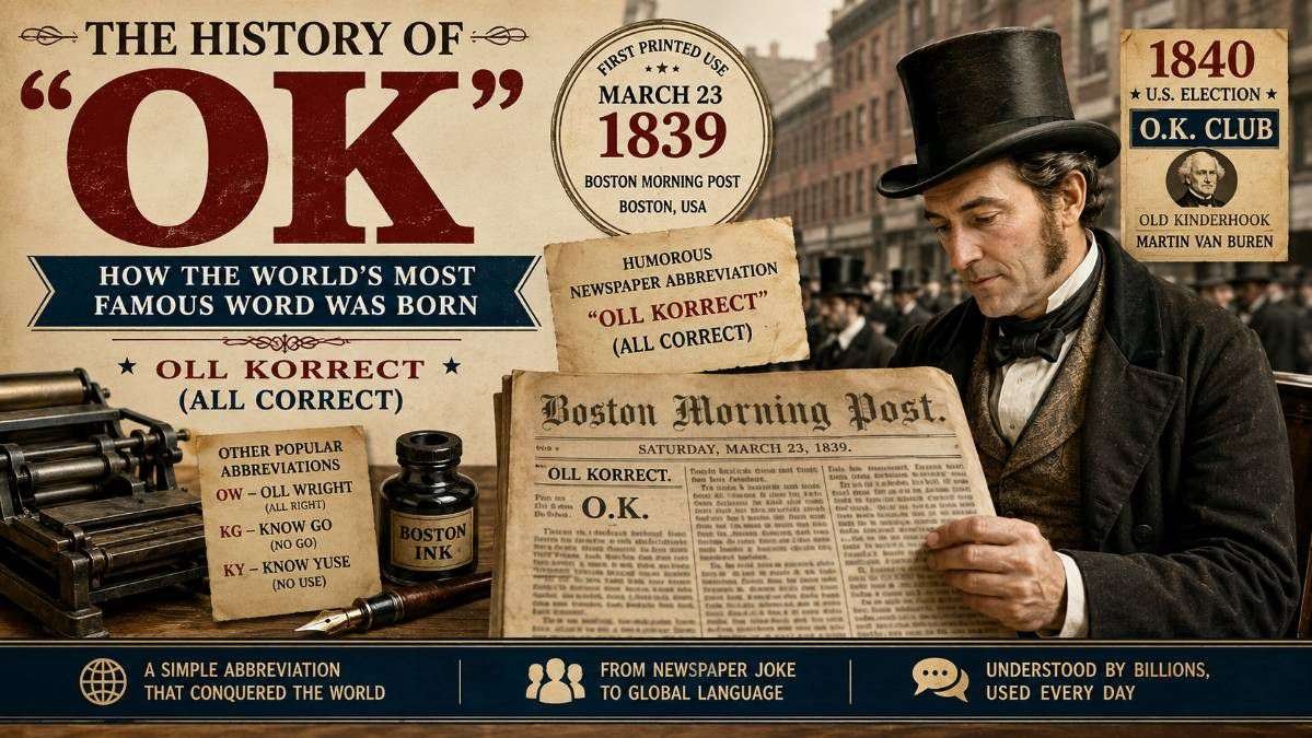 A vintage-style illustration showing a newspaper editor reading the Boston Morning Post in 1839, highlighting the first recorded use of the word "OK" as the abbreviation for "Oll Korrect" (All Correct), with historical printing press elements in the background