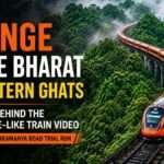 Orange Vande Bharat train winding through the misty Western Ghats during a Sakleshpur–Subramanya Road trial run