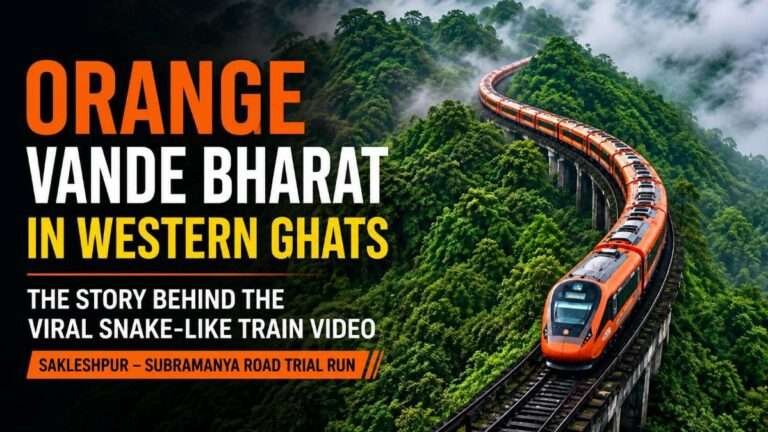 Orange Vande Bharat train winding through the misty Western Ghats during a Sakleshpur–Subramanya Road trial run