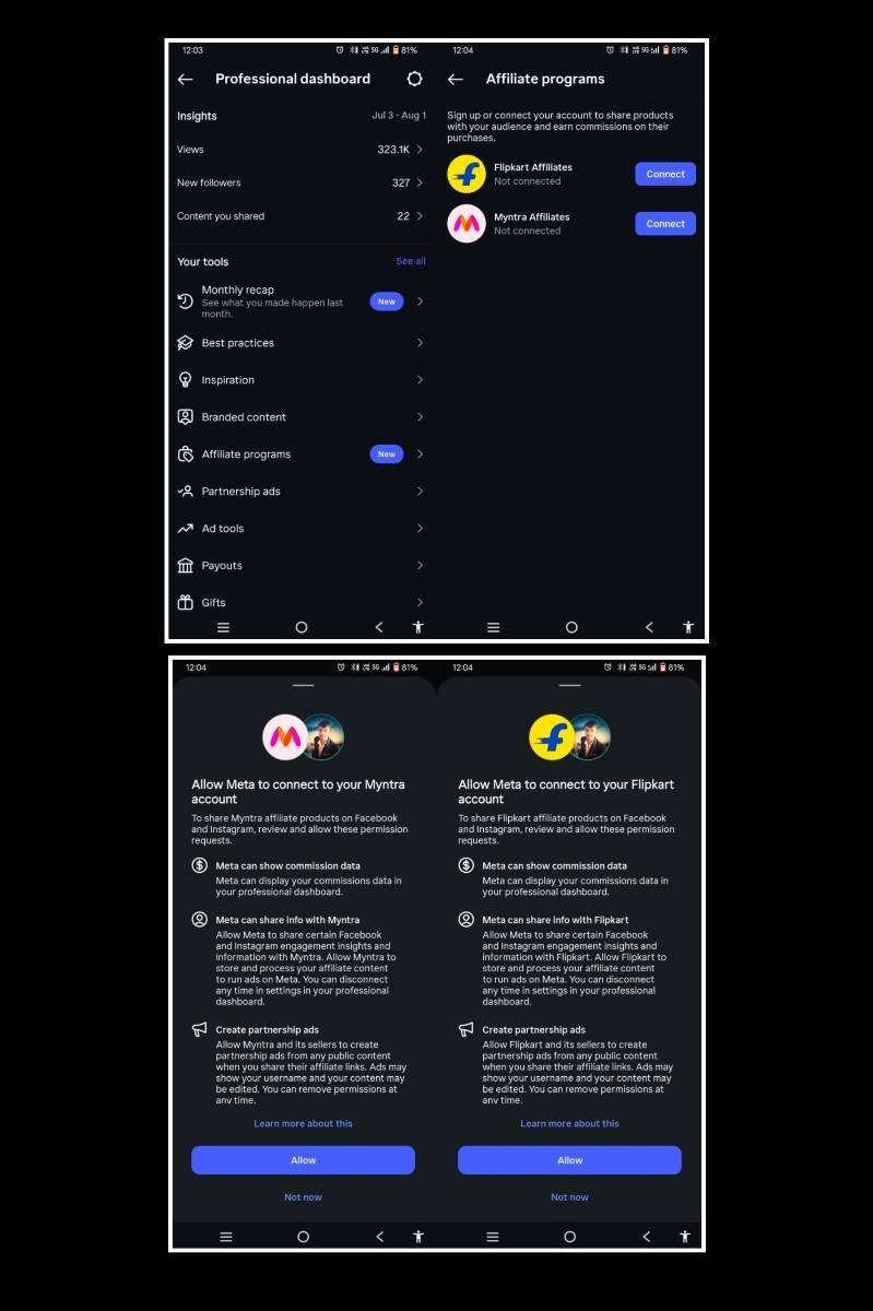 Collage of Instagram Professional Dashboard screenshots showing Meta's new Affiliate Programs feature, including Flipkart Affiliates and Myntra Affiliates integration, connection options, and permission screens for eligible creators to earn affiliate commissions through Instagram and Facebook.
