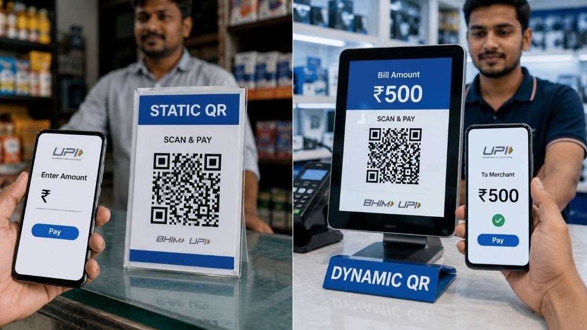 Static and dynamic QR codes compared for UPI payments, showing manual amount entry and predefined transaction amount.