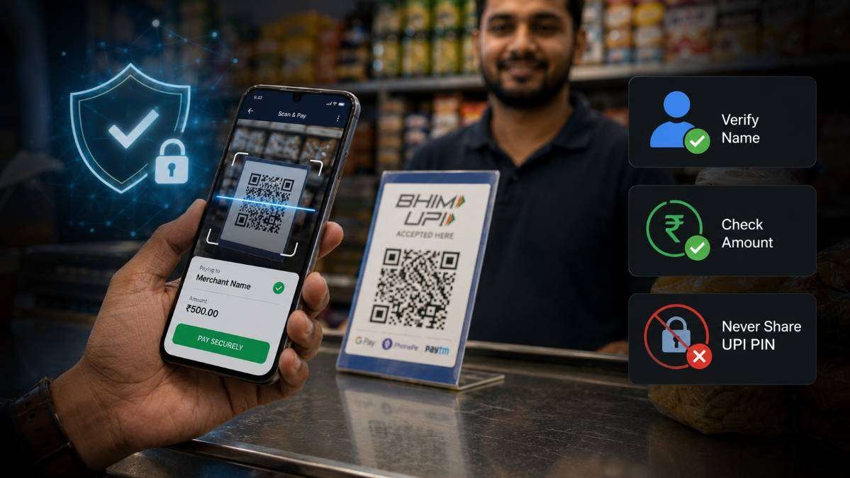 UPI QR payment safety showing a smartphone scanning a merchant QR code with security protection and UPI PIN warning.