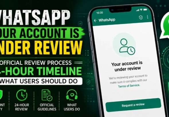 Featured image showing a smartphone displaying the WhatsApp "Your account is under review" message with security icons, a 24-hour review timeline, and official guidance about the WhatsApp account review process.