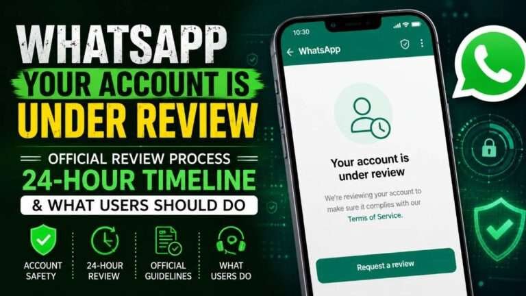 Featured image showing a smartphone displaying the WhatsApp "Your account is under review" message with security icons, a 24-hour review timeline, and official guidance about the WhatsApp account review process.