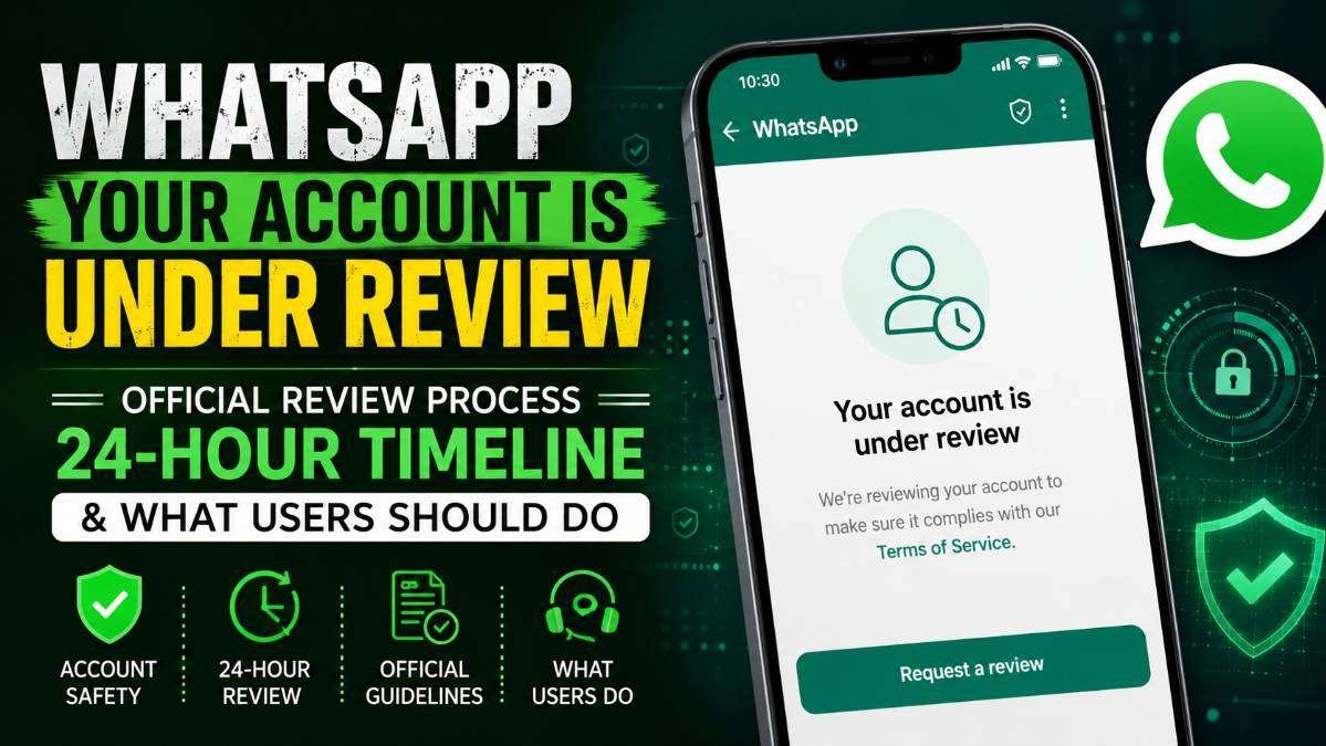 Featured image showing a smartphone displaying the WhatsApp "Your account is under review" message with security icons, a 24-hour review timeline, and official guidance about the WhatsApp account review process.